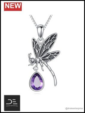 925 Sterling Silver Dragonfly Pendant Necklace Amethyst Teardrop Boho Gift